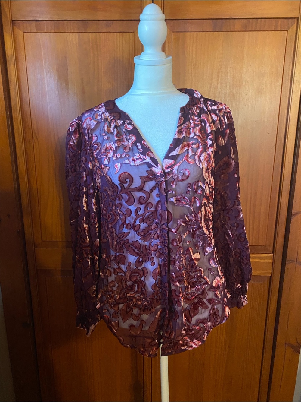 Chico's Plum Velvet Burnout Button-Front Blouse